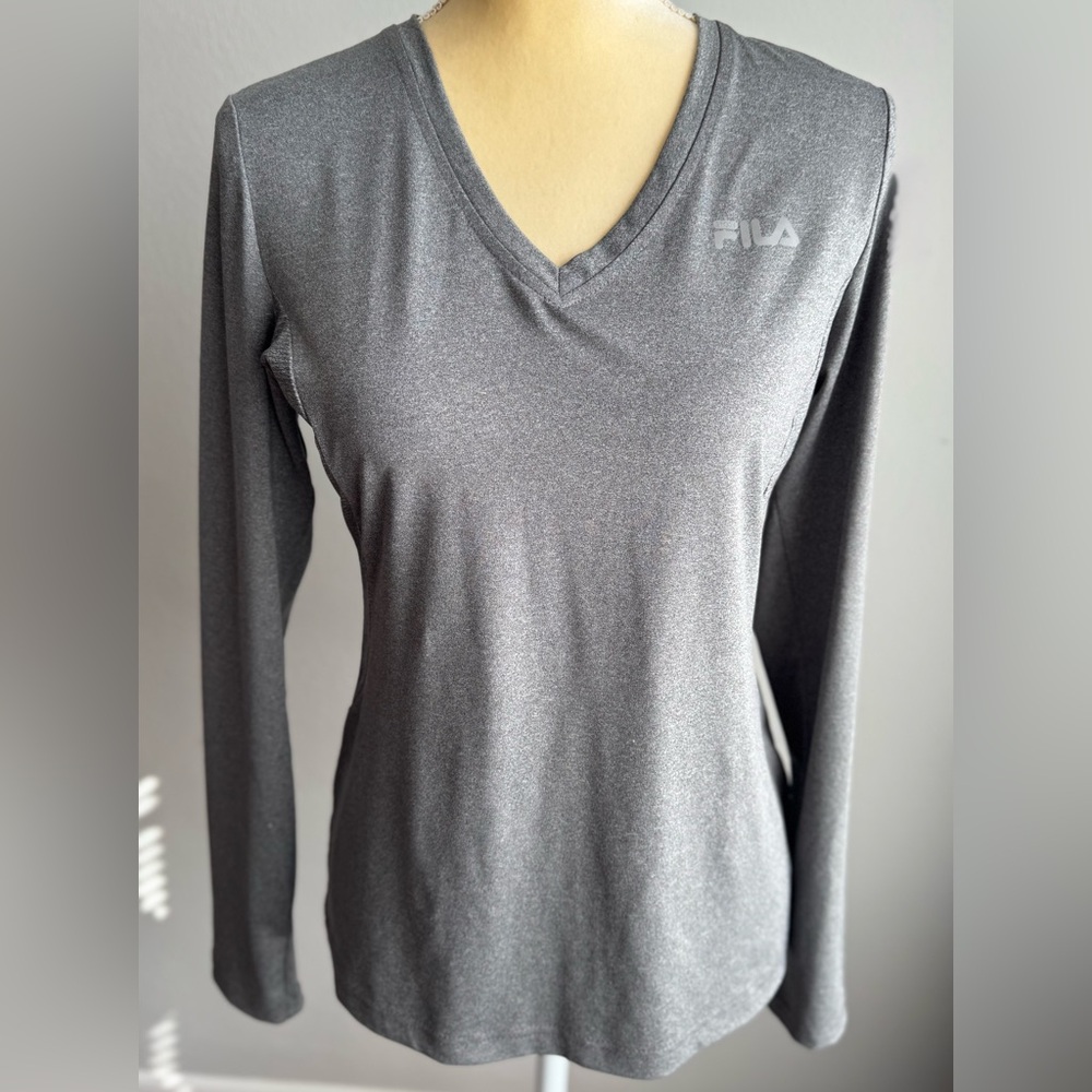 Fila V-neck Live in Motion Gray Long Sleeve Pullover Top Moisture Wicking Vented